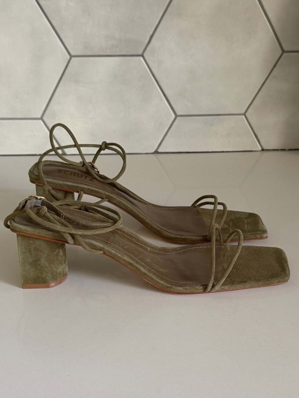 Schutz Suede Green Strappy Heel Sandal - Picture 9 of 15